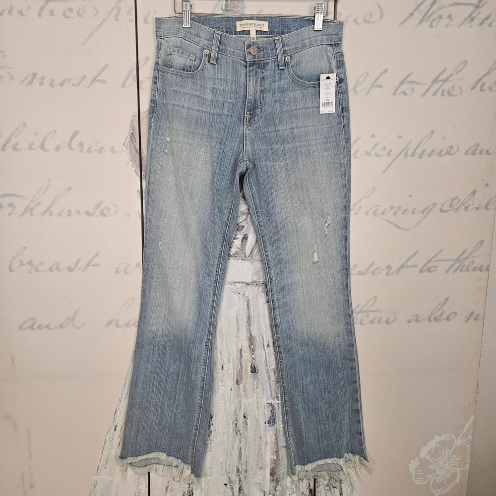 Current Elliott The Flip Flop Quantum Light Wash Frayed Hem Jeans 26 NWT $238